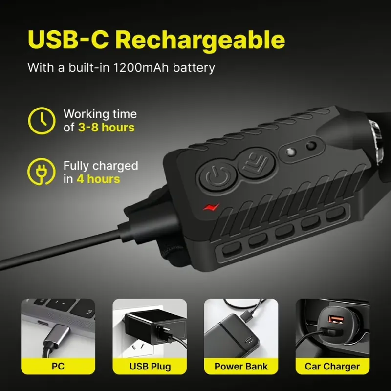 Charging diagram showing the USB-C port, a 1200 mAh battery, 3 to 8 hours of use, a 4 hour charge time and compatible chargers